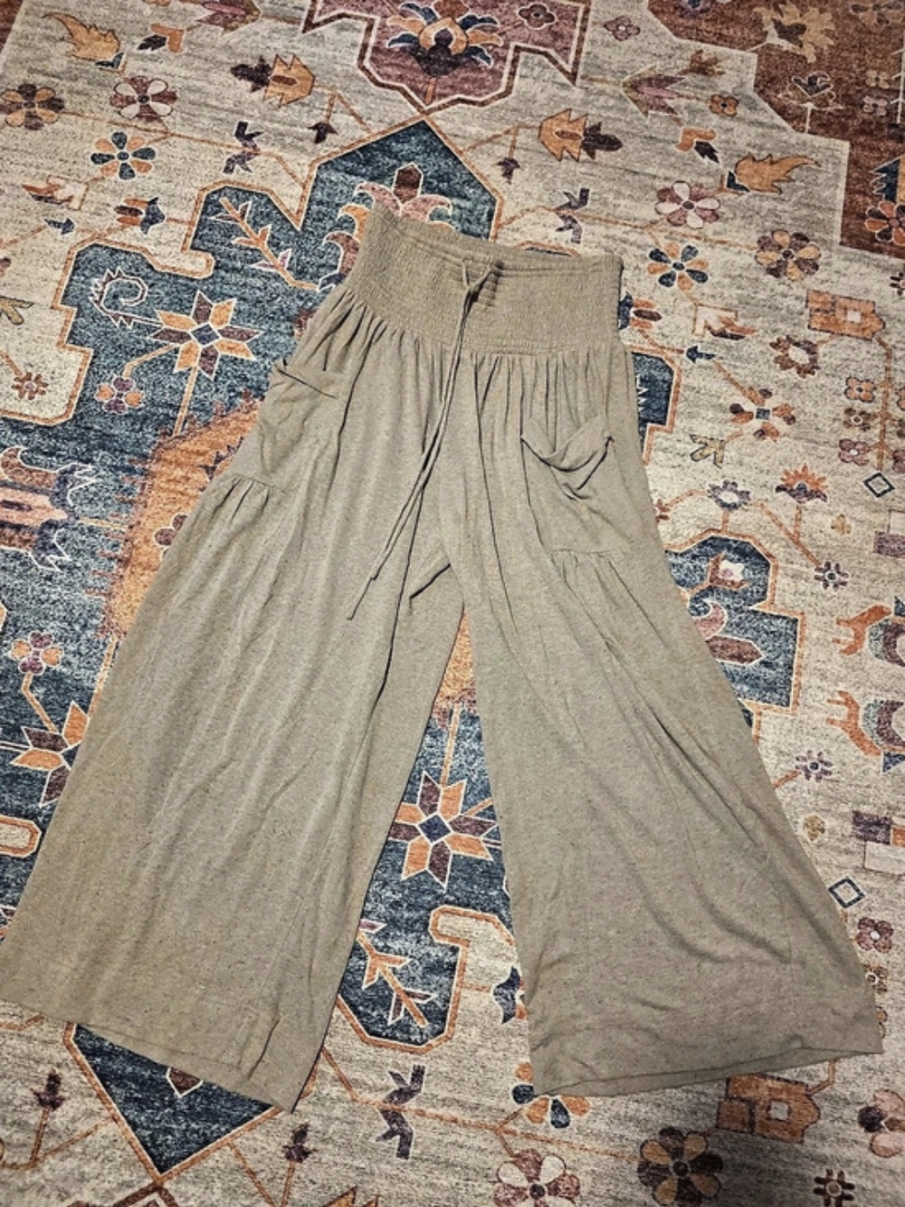 Free People FP Beach Smocked Wide Leg Pants in Beige Size Medium